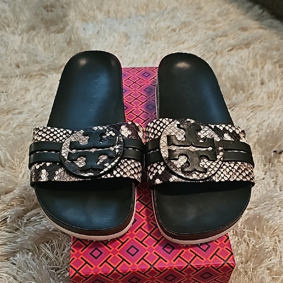 Tory Burch Black and Tan Snakeskin Sandals - Picture 1 of 3
